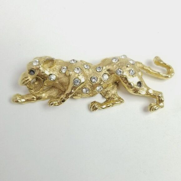 Vintage Big Cat Brooch Gold Tone Rhinestone On the Prowl Lapel Pin Missing Stone - Picture 6 of 7